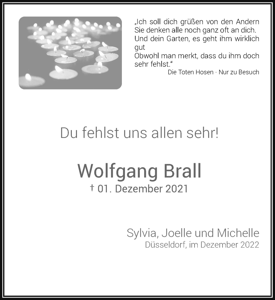  Traueranzeige für Wolfgang Brall vom 03.12.2022 aus Rheinische Post