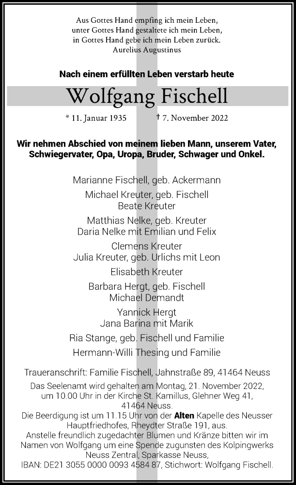  Traueranzeige für Wolfgang Fischell vom 12.11.2022 aus Rheinische Post
