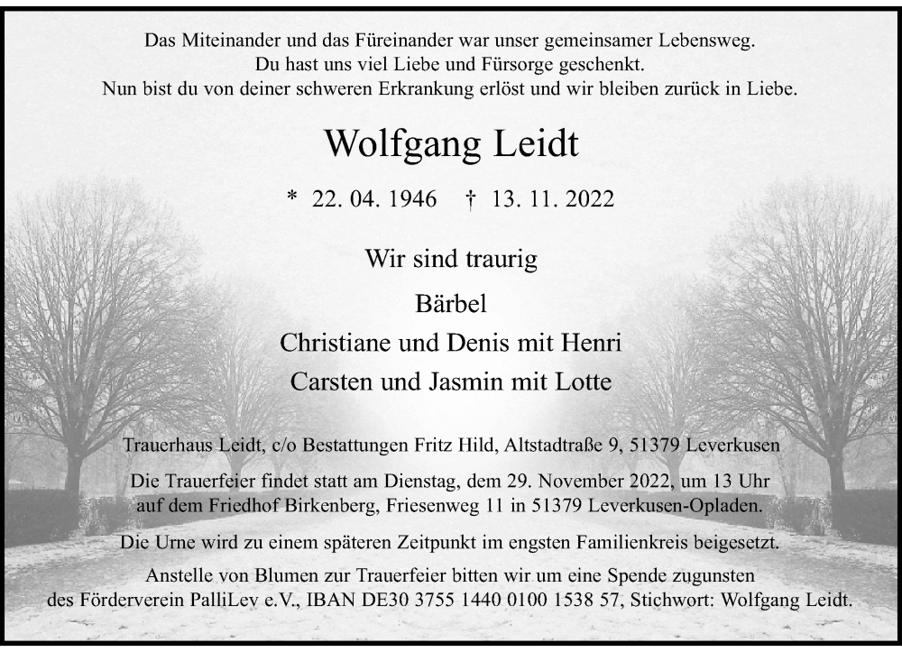  Traueranzeige für Wolfgang Leidt vom 26.11.2022 aus Rheinische Post