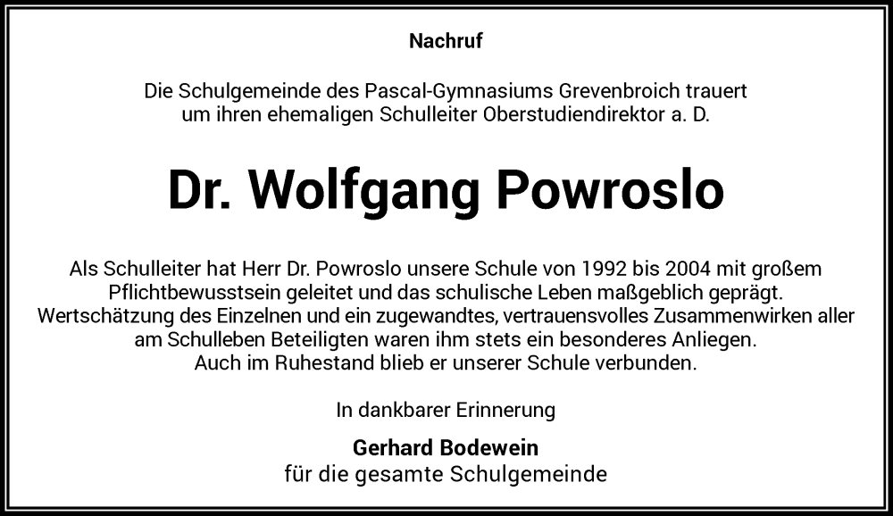  Traueranzeige für Wolfgang Powroslo vom 03.11.2022 aus Rheinische Post