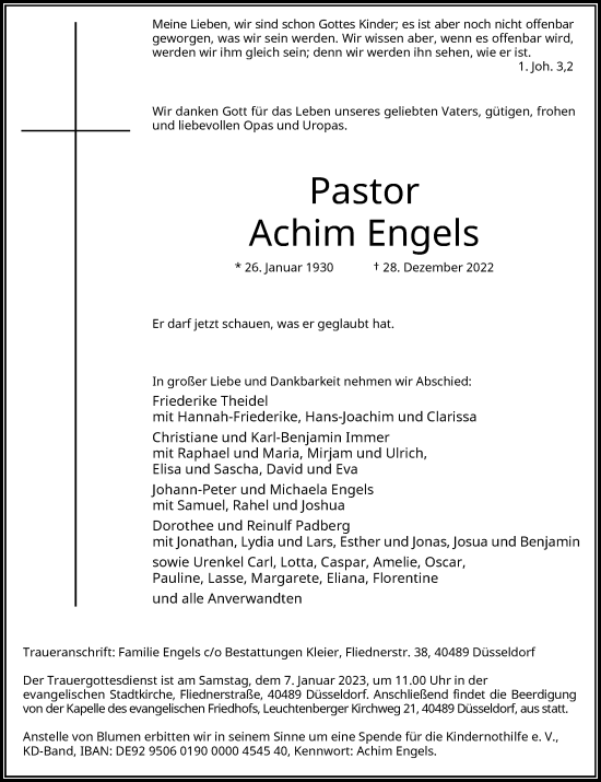 Traueranzeige von Achim Engels von Rheinische Post
