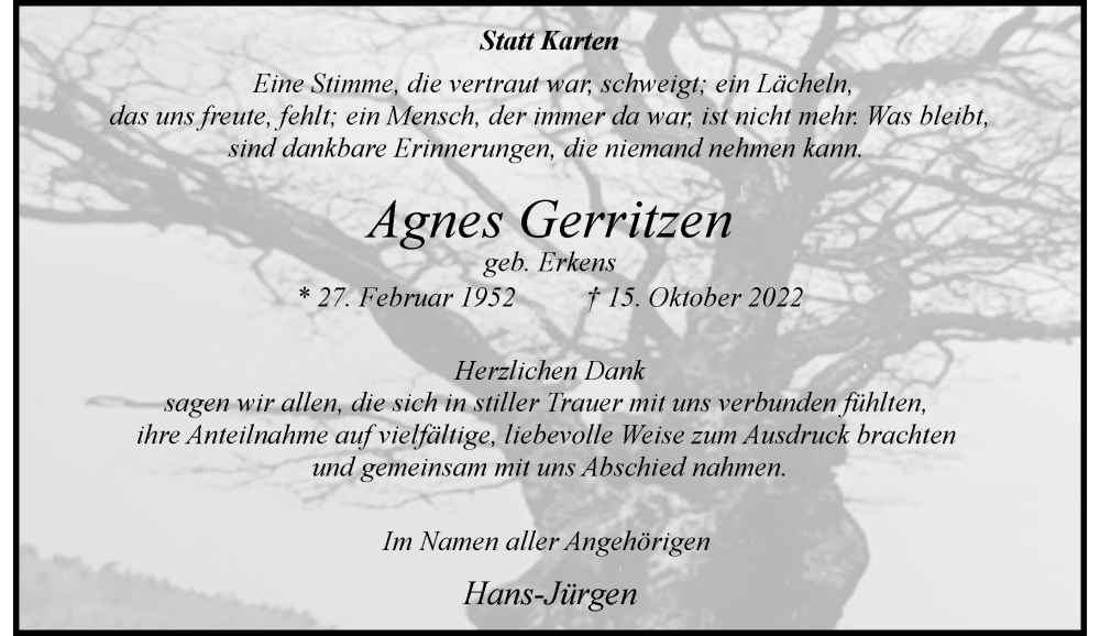  Traueranzeige für Agnes Gerritzen vom 03.12.2022 aus Rheinische Post