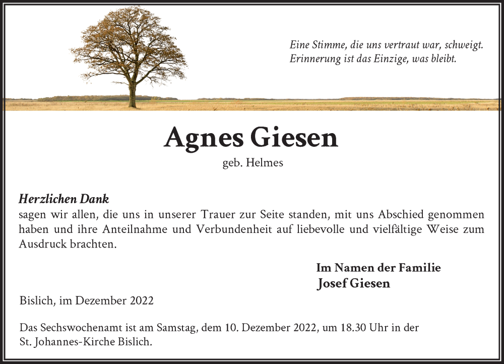  Traueranzeige für Agnes Giesen vom 05.12.2022 aus Rheinische Post