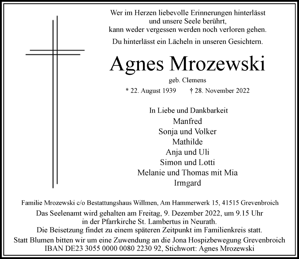  Traueranzeige für Agnes Mrozewski vom 03.12.2022 aus Rheinische Post