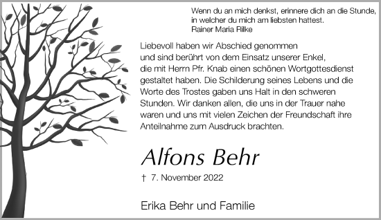 Traueranzeige von Alfons Behr von Rheinische Post