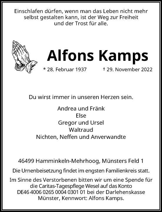Traueranzeige von Alfons Kamps von Rheinische Post