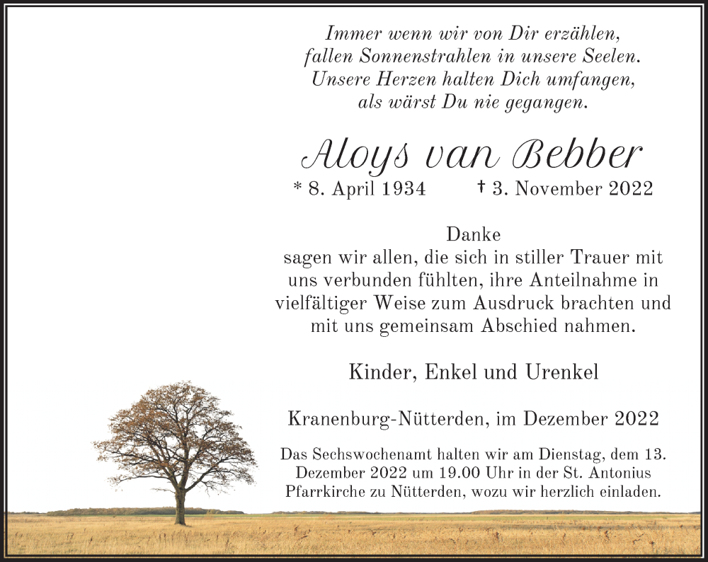  Traueranzeige für Aloys van Bebber vom 10.12.2022 aus Rheinische Post