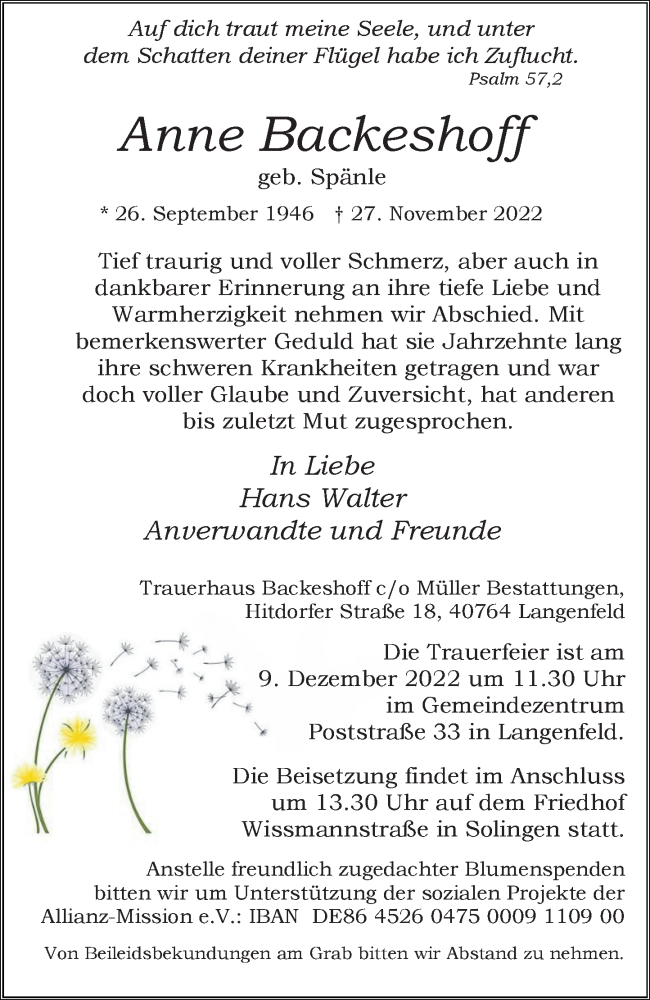  Traueranzeige für Anne Backeshoff vom 03.12.2022 aus Rheinische Post