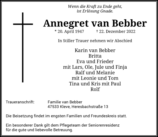 Traueranzeige von Annegret van Bebber von Rheinische Post