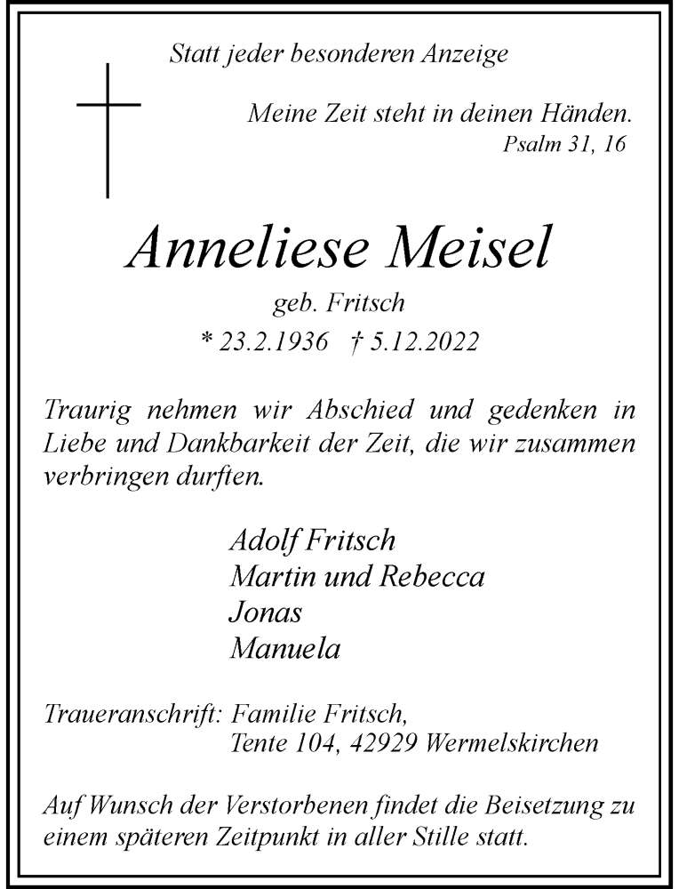  Traueranzeige für Anneliese Meisel vom 10.12.2022 aus Rheinische Post