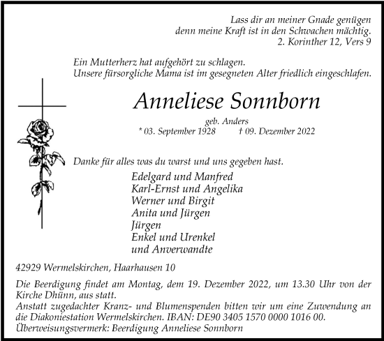 Traueranzeige von Anneliese Sonnborn von Rheinische Post