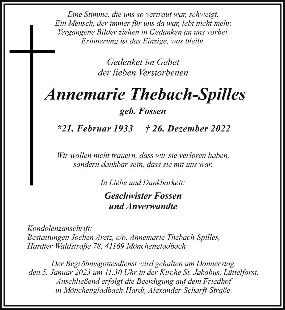  Traueranzeige für Annemarie Thebach-Spilles vom 31.12.2022 aus Rheinische Post