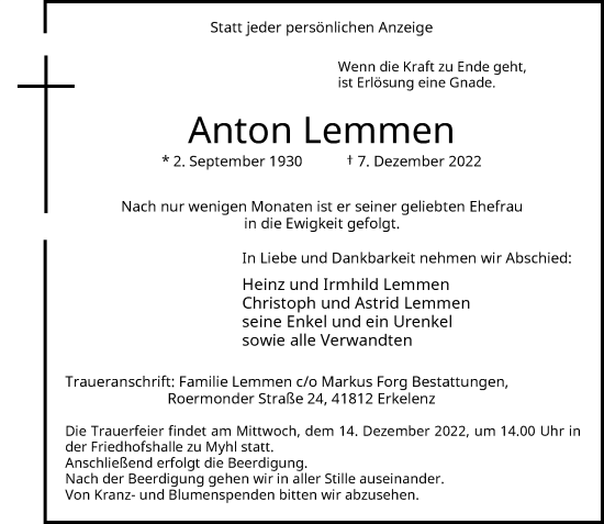 Traueranzeige von Anton Lemmen von Rheinische Post