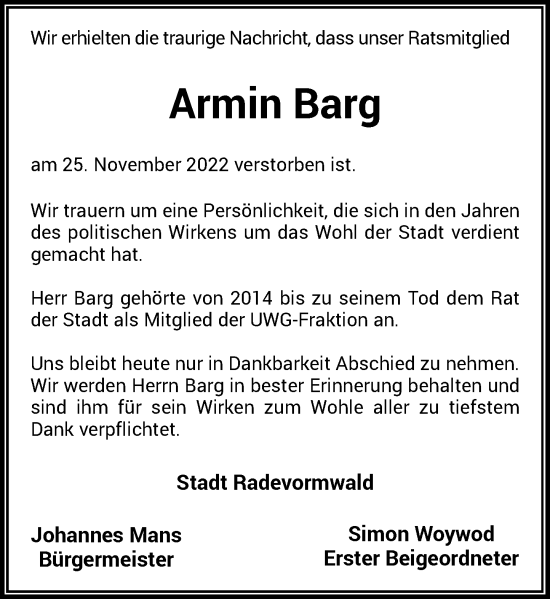 Traueranzeige von Armin Barg von Rheinische Post
