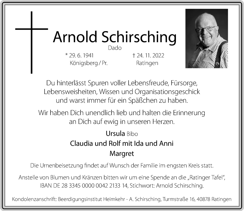  Traueranzeige für Arnold Schirsching vom 03.12.2022 aus Rheinische Post