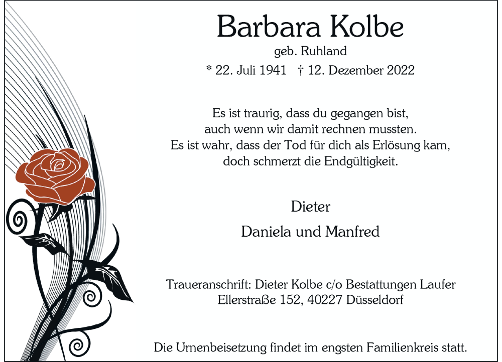  Traueranzeige für Barbara Kolbe vom 17.12.2022 aus Rheinische Post