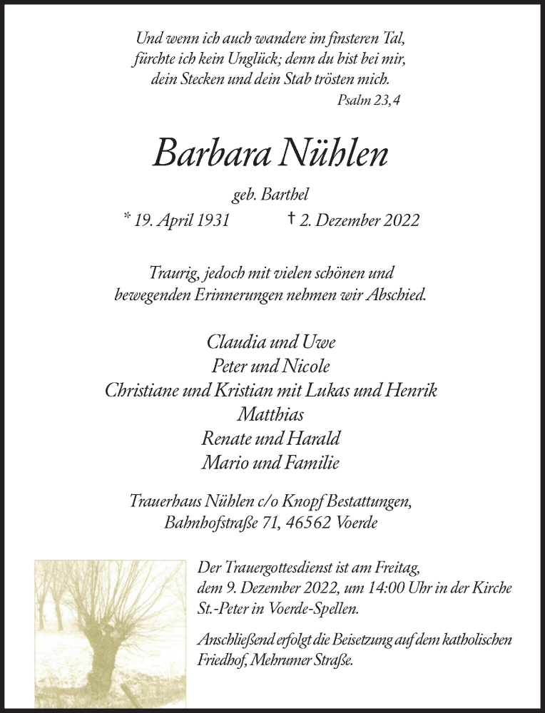 Traueranzeige für Barbara Nühlen vom 07.12.2022 aus Rheinische Post