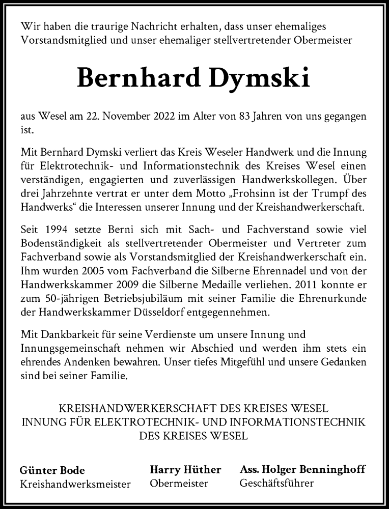  Traueranzeige für Bernhard Dymski vom 03.12.2022 aus Rheinische Post