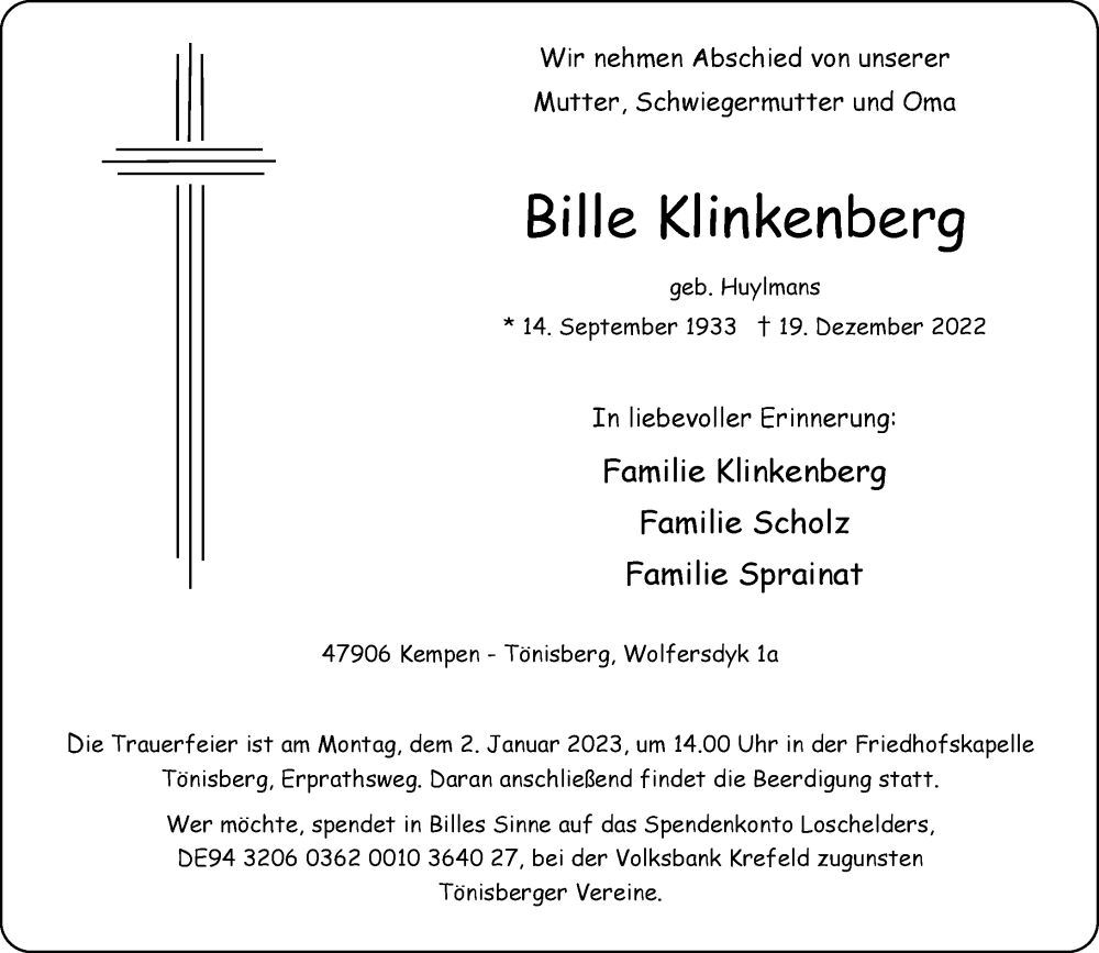  Traueranzeige für Bille Klinkenberg vom 24.12.2022 aus Rheinische Post