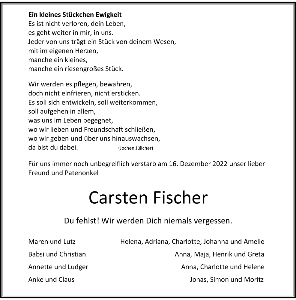  Traueranzeige für Carsten Fischer vom 31.12.2022 aus Rheinische Post