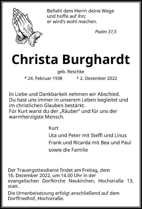 Traueranzeige von Christa Burghardt von Rheinische Post
