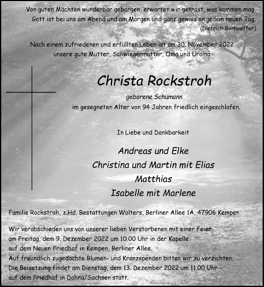  Traueranzeige für Christa Rockstroh vom 03.12.2022 aus Rheinische Post