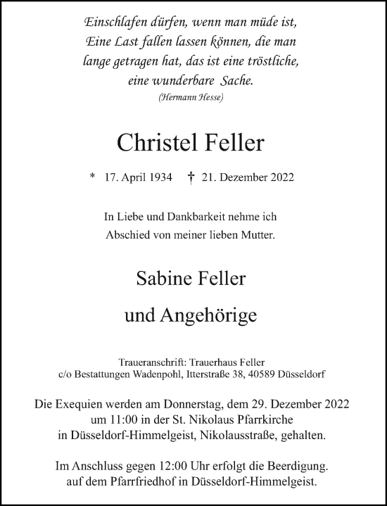 Traueranzeige von Christel Feller von Rheinische Post