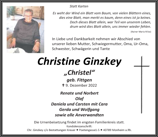 Traueranzeige von Christine Ginzkey von Rheinische Post