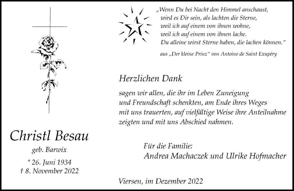  Traueranzeige für Christl Besau vom 17.12.2022 aus Rheinische Post