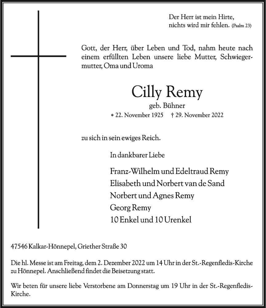  Traueranzeige für Cilly Remy vom 01.12.2022 aus Rheinische Post
