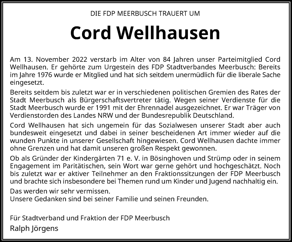  Traueranzeige für Cord Wellhausen vom 03.12.2022 aus Rheinische Post