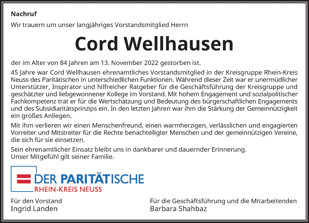  Traueranzeige für Cord Wellhausen vom 03.12.2022 aus Rheinische Post