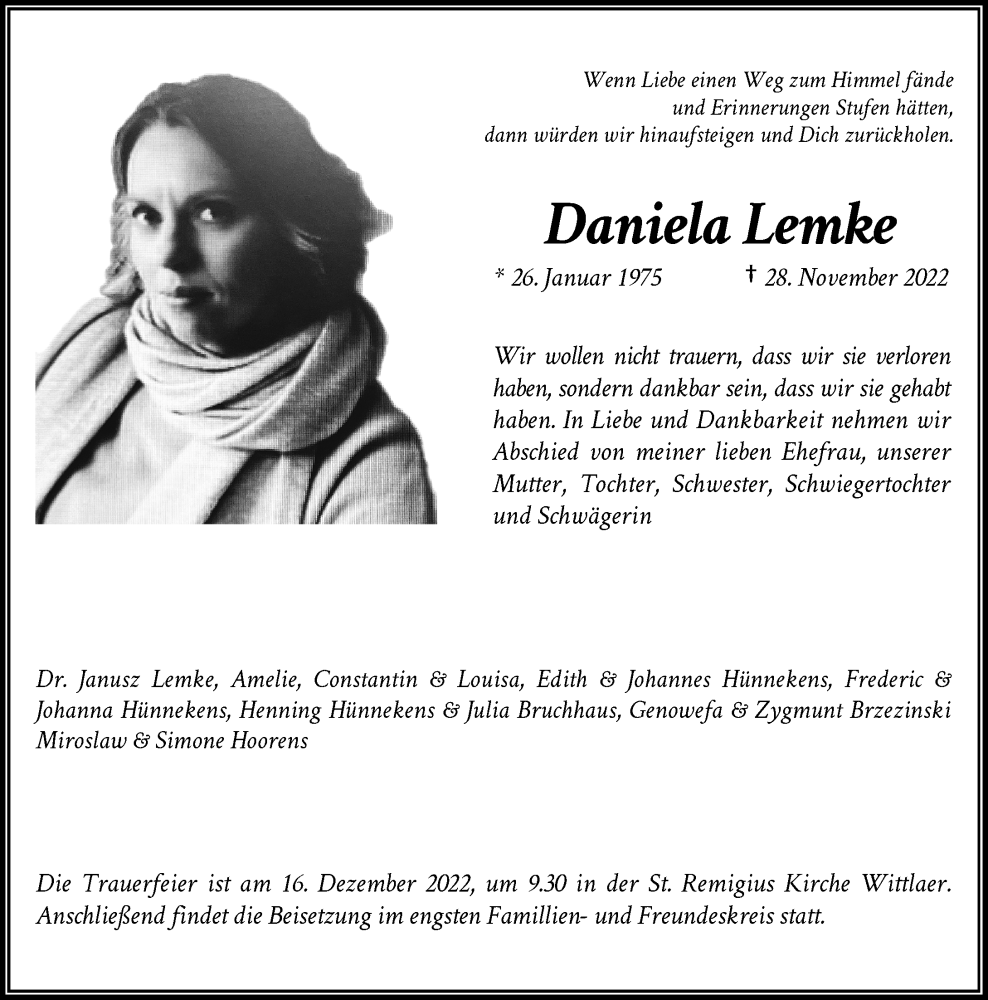  Traueranzeige für Daniela Lemke vom 03.12.2022 aus Rheinische Post