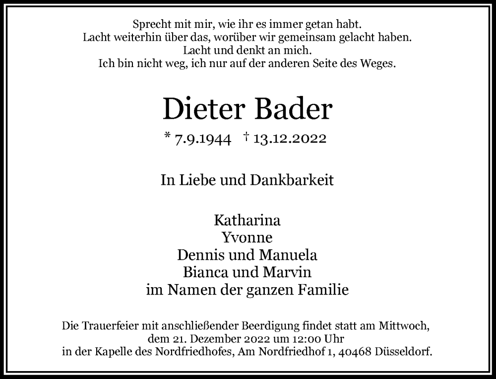  Traueranzeige für Dieter Bader vom 17.12.2022 aus Rheinische Post