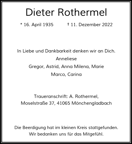 Traueranzeige von Dieter Rothermel von Rheinische Post