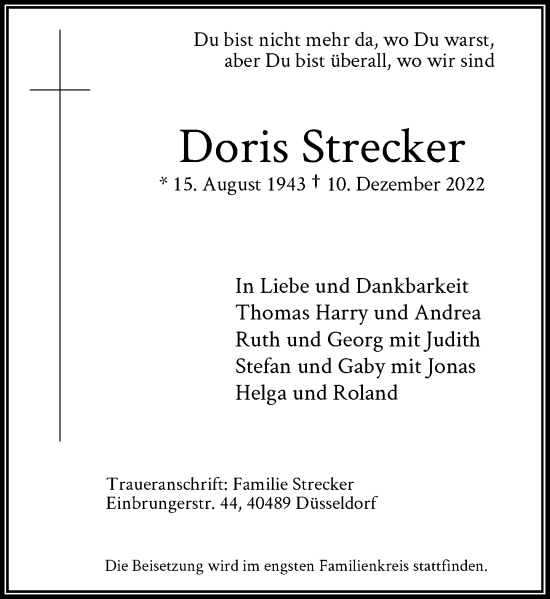Traueranzeige von Doris Strecker von Rheinische Post