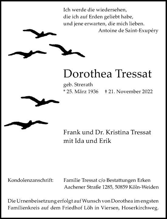 Traueranzeige von Dorothea Tressat von Rheinische Post