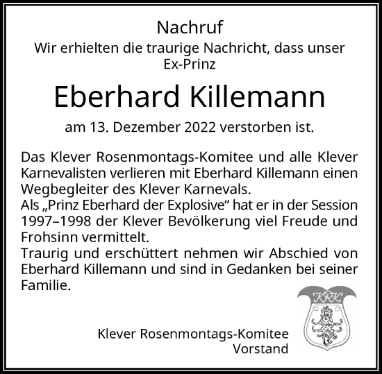 Traueranzeige von Eberhard Killemann von Rheinische Post