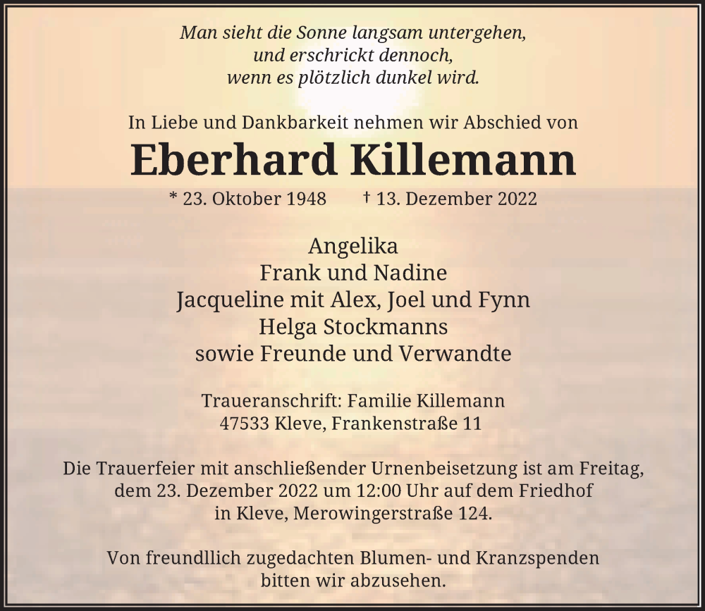  Traueranzeige für Eberhard Killemann vom 17.12.2022 aus Rheinische Post