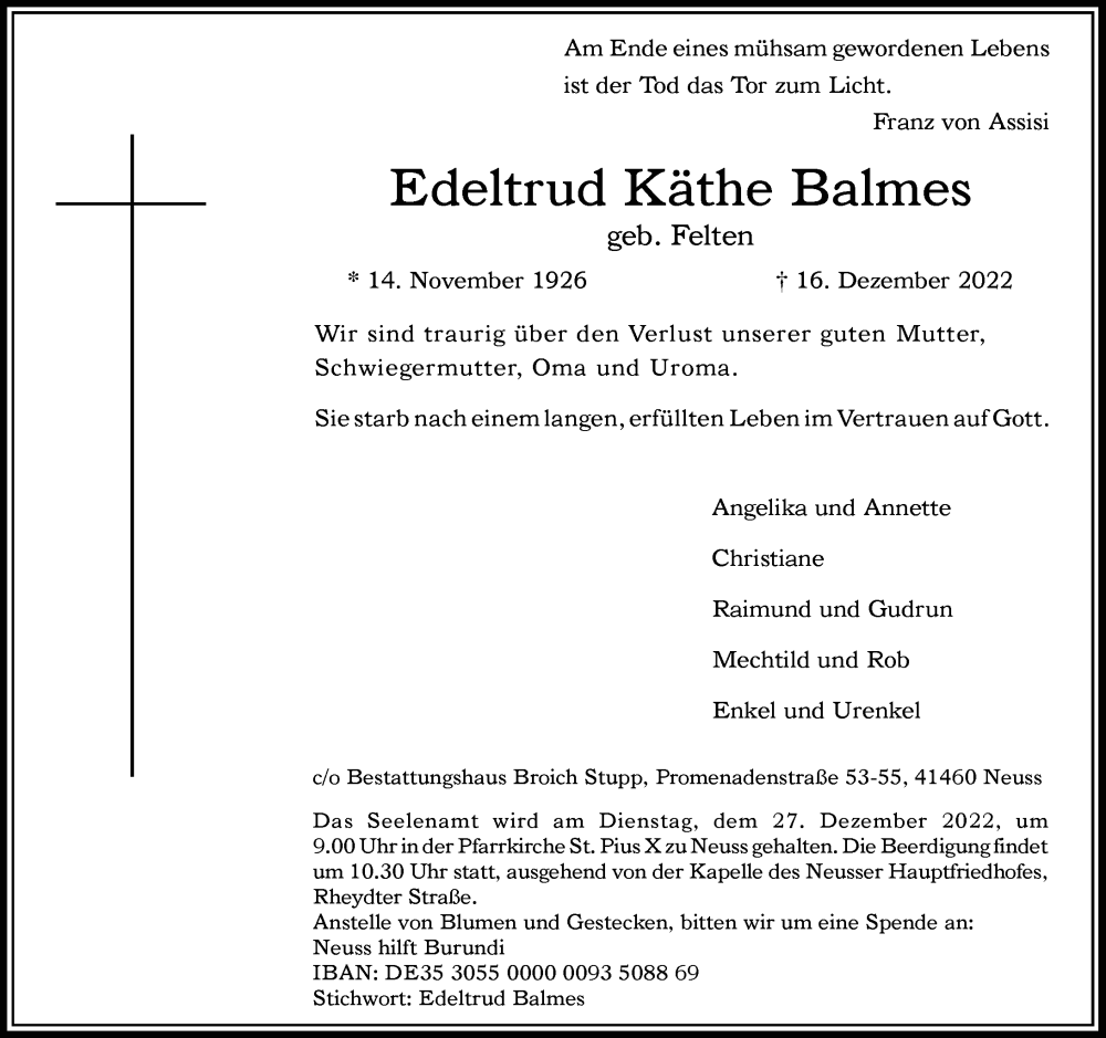  Traueranzeige für Edeltrud Käthe Balmes vom 21.12.2022 aus Rheinische Post