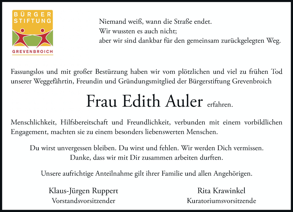  Traueranzeige für Edith Auler vom 23.12.2022 aus Rheinische Post