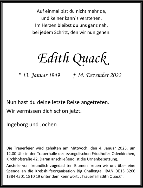 Traueranzeige von Edith Quack von Rheinische Post