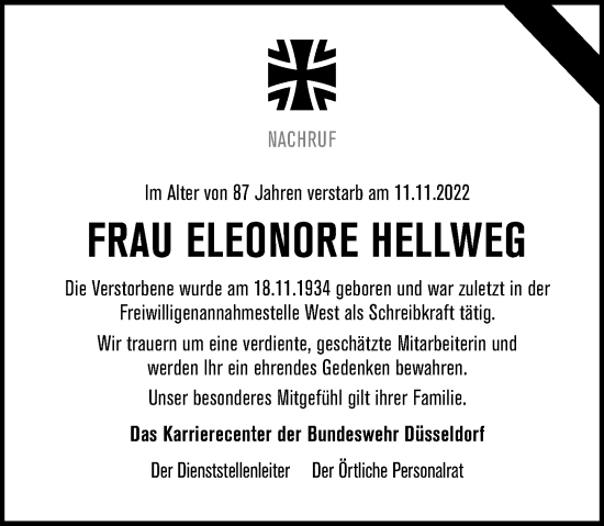 Traueranzeige von Eleonore Hellweg von Rheinische Post