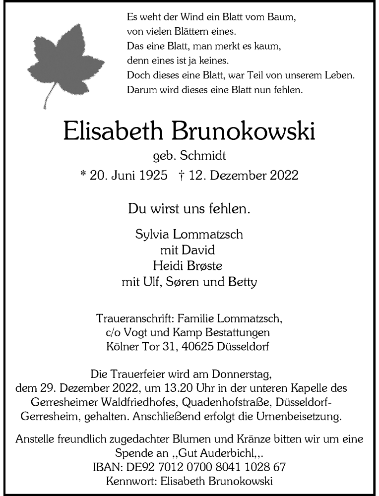  Traueranzeige für Elisabeth Brunokowski vom 17.12.2022 aus Rheinische Post