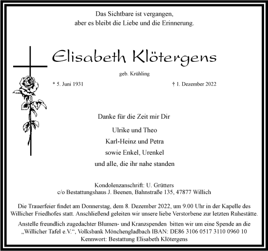 Traueranzeige von Elisabeth Klötergens von Rheinische Post