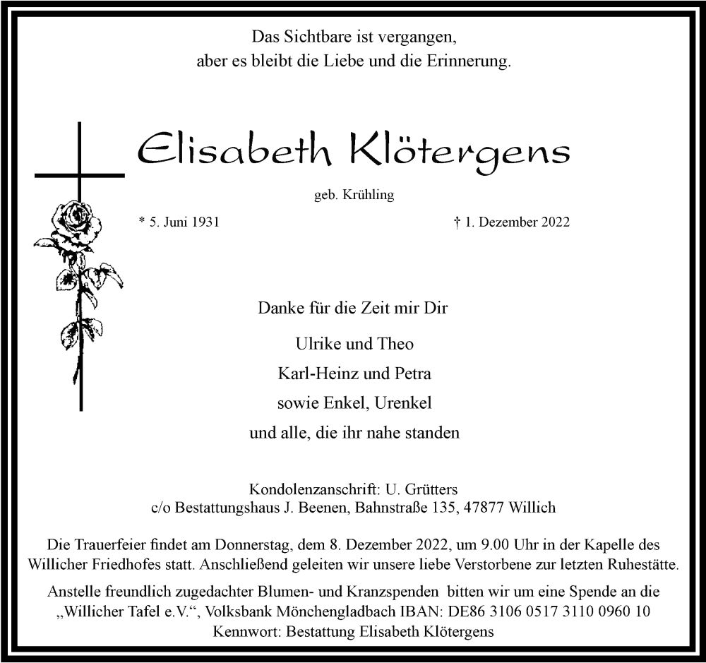  Traueranzeige für Elisabeth Klötergens vom 07.12.2022 aus Rheinische Post