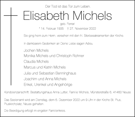Traueranzeige von Elisabeth Michels von Rheinische Post