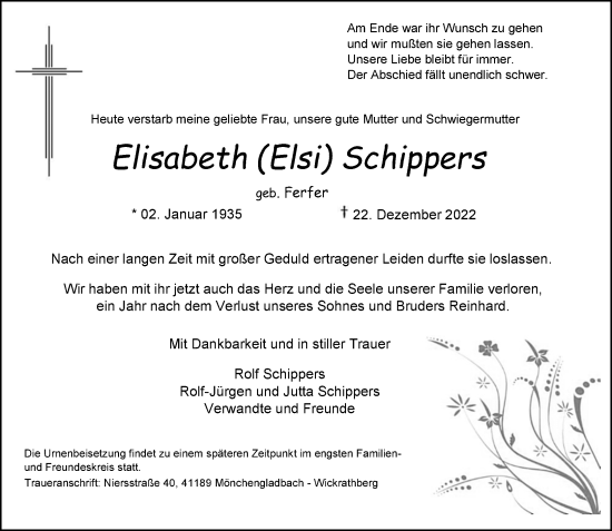 Traueranzeige von Elisabeth Schippers von Rheinische Post