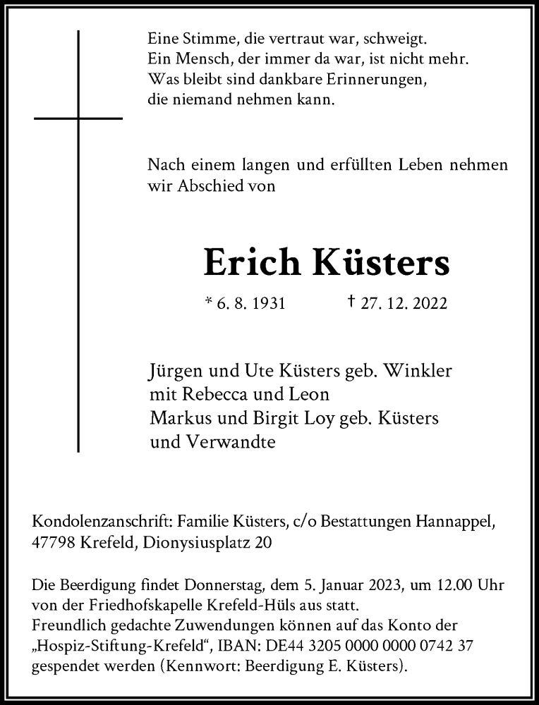  Traueranzeige für Erich Küsters vom 31.12.2022 aus Rheinische Post