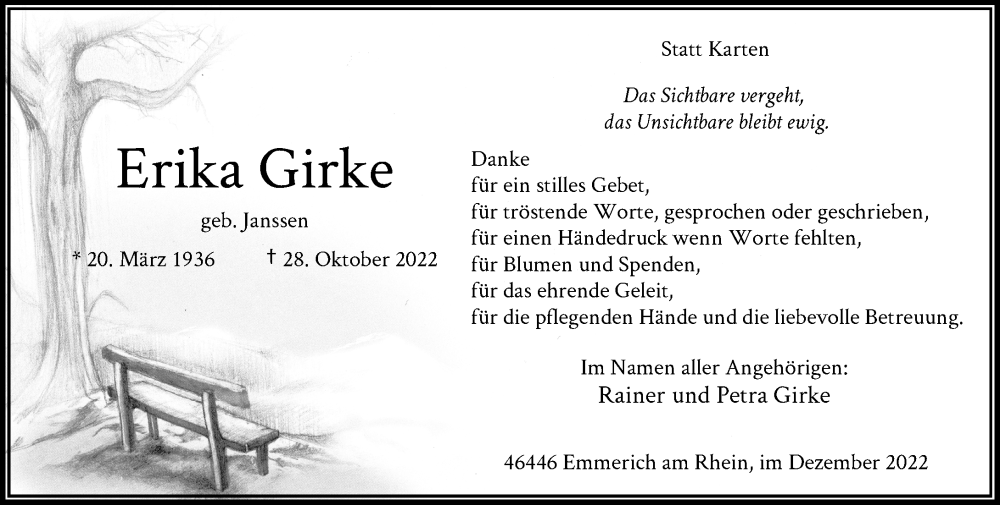  Traueranzeige für Erika Girke vom 31.12.2022 aus Rheinische Post